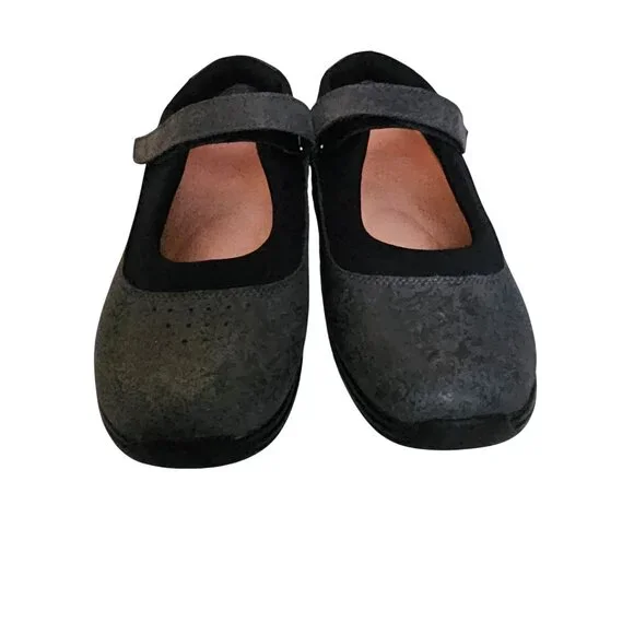 Drew Rose Black Metallic Foil Leather Hook & Loop Mary Jane Shoes Size 9W - Picture 4 of 11